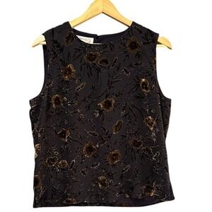 Jones & Co Blouse Women's Size 10 Black Brown Floral Sleeveless Vintage‎ Velvet